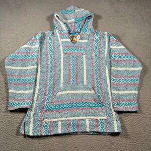 Baja‎ Joe Hoodie Womens Small Blue Sky Greca Stripe Rug Woven Poncho Pullover